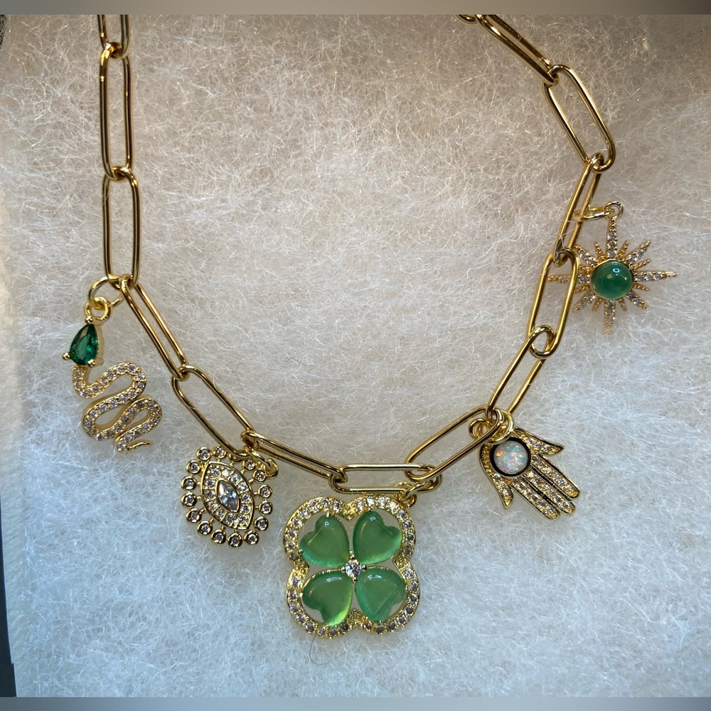 Lucky Charm Necklace Green accents, 5 Charms, gold tone hardware, feels solid